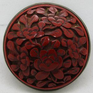 Antique Chinese Carved Cinnabar Floral 2" Round Brooch Pin